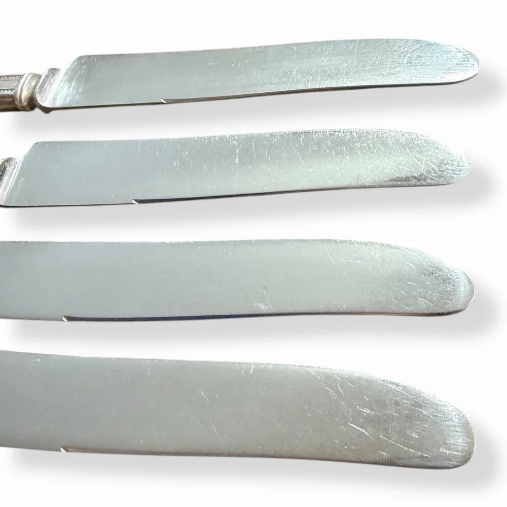 Vintage Art Deco Silver Tone Dinner Knives Beaded Border Set of 4 9.75 Inch